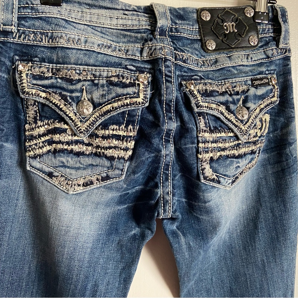 Miss Me Blue Distressed Embroidered Back Pocket Bootcut Jeans 27x37 TALL